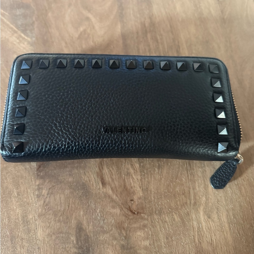 Valentino Black Leather Wallet with black stud Accents